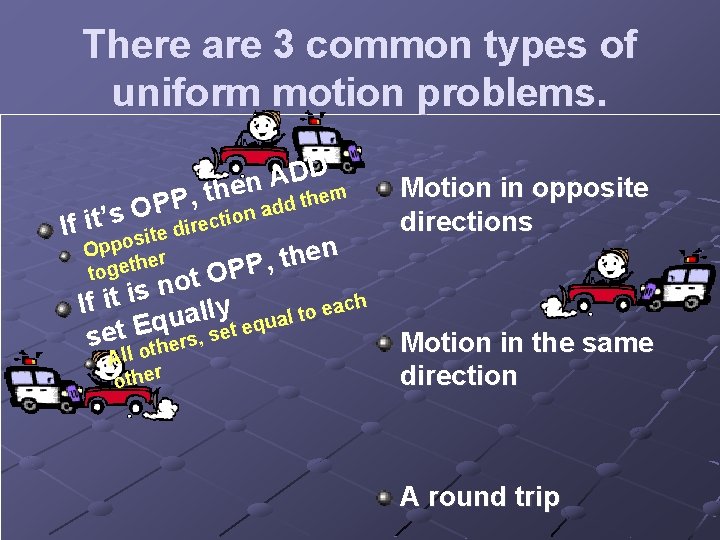 There are 3 common types of uniform motion problems. D D A n e