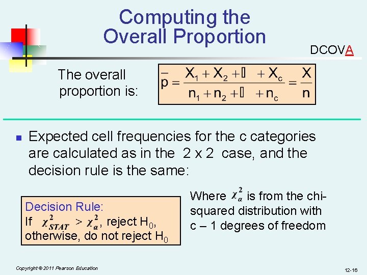 Computing the Overall Proportion DCOVA The overall proportion is: n Expected cell frequencies for