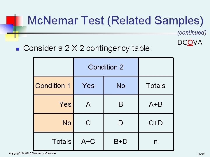 Mc. Nemar Test (Related Samples) (continued) n DCOVA Consider a 2 X 2 contingency