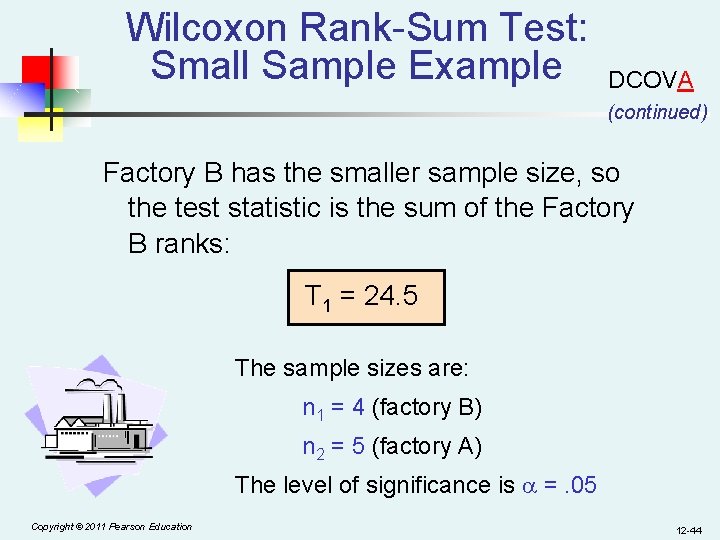 Wilcoxon Rank-Sum Test: Small Sample Example DCOVA (continued) Factory B has the smaller sample