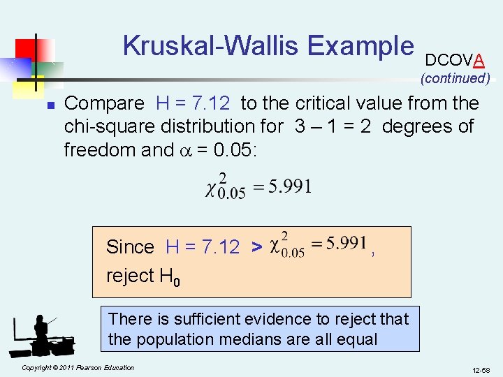 Kruskal-Wallis Example DCOVA (continued) n Compare H = 7. 12 to the critical value