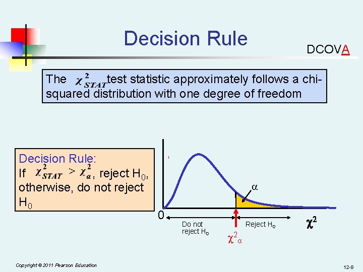 Decision Rule DCOVA The test statistic approximately follows a chisquared distribution with one degree