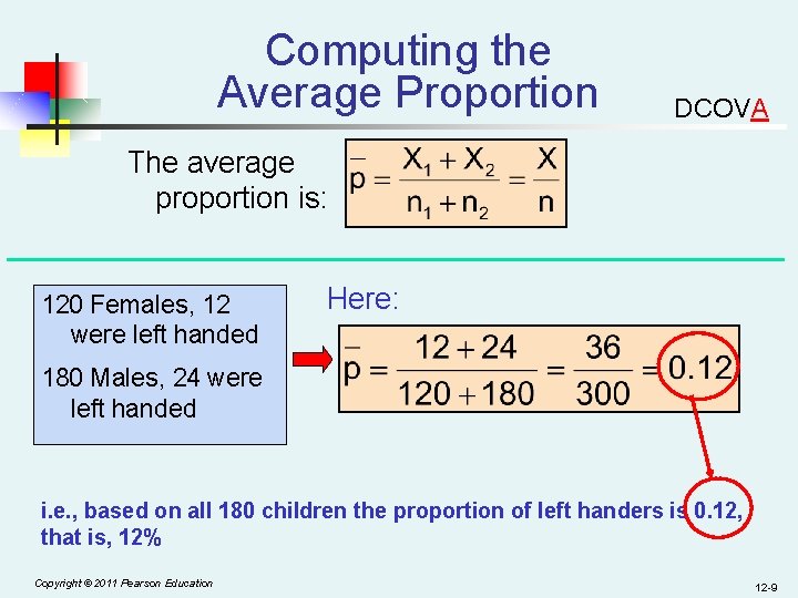 Computing the Average Proportion DCOVA The average proportion is: 120 Females, 12 were left
