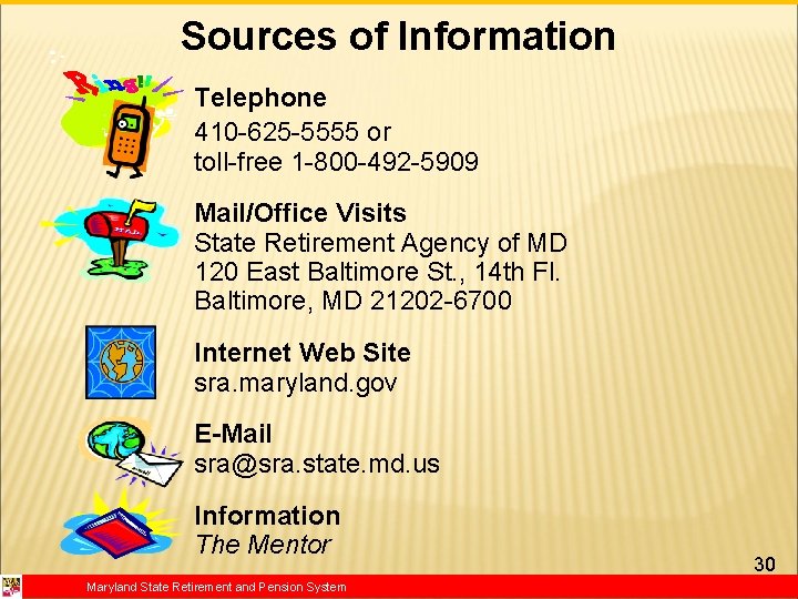 Sources of Information Telephone 410 -625 -5555 or toll-free 1 -800 -492 -5909 Mail/Office