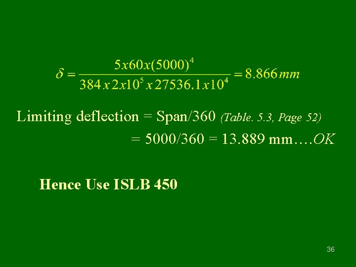 Limiting deflection = Span/360 (Table. 5. 3, Page 52) = 5000/360 = 13. 889