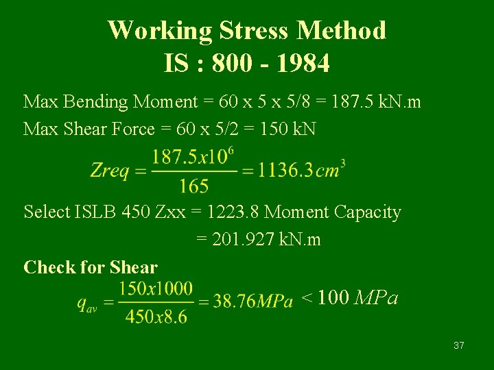Working Stress Method IS : 800 - 1984 Max Bending Moment = 60 x