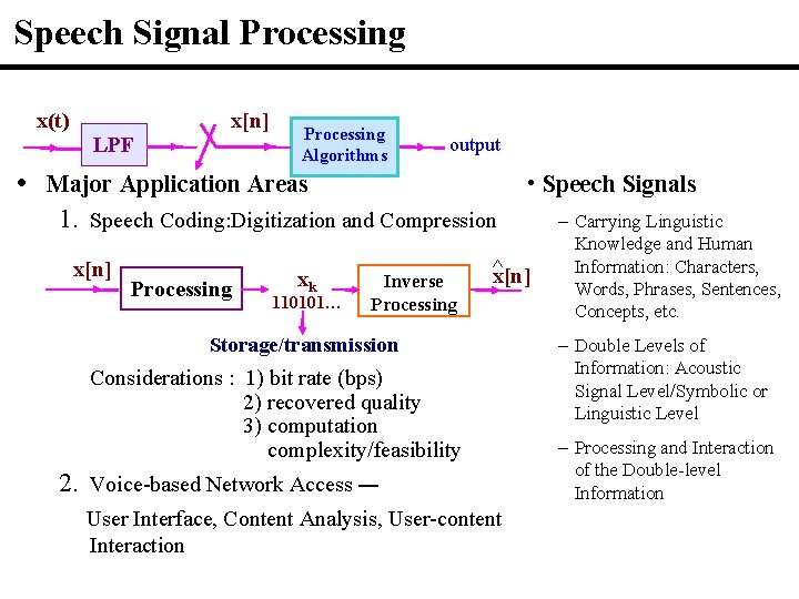 Speech Signal Processing x(t) LPF x[n] Processing Algorithms output • Major Application Areas •