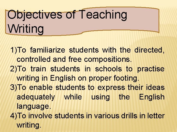 Objectives of Teaching Writing 1)To familiarize students with the directed, controlled and free compositions.