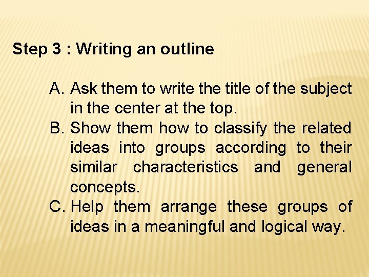 Step 3 : Writing an outline A. Ask them to write the title of