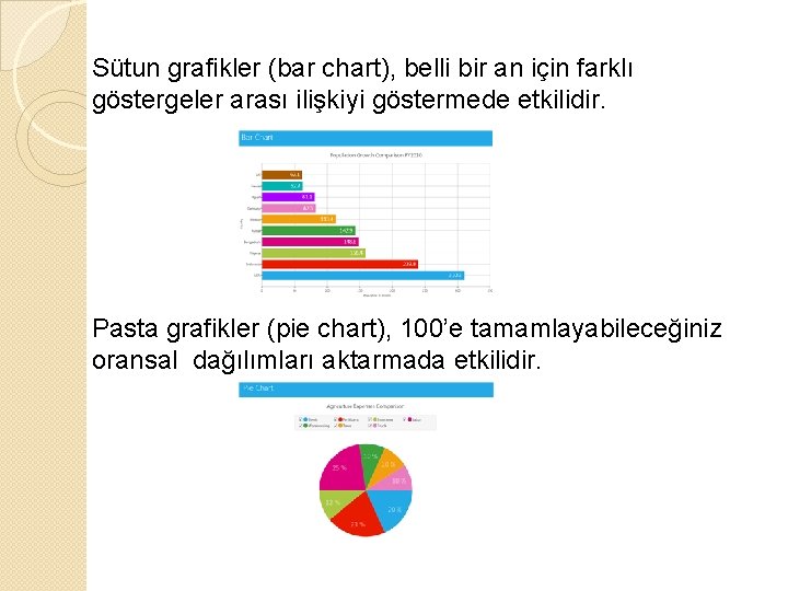 Sütun grafikler (bar chart), belli bir an için farklı göstergeler arası ilişkiyi göstermede etkilidir.