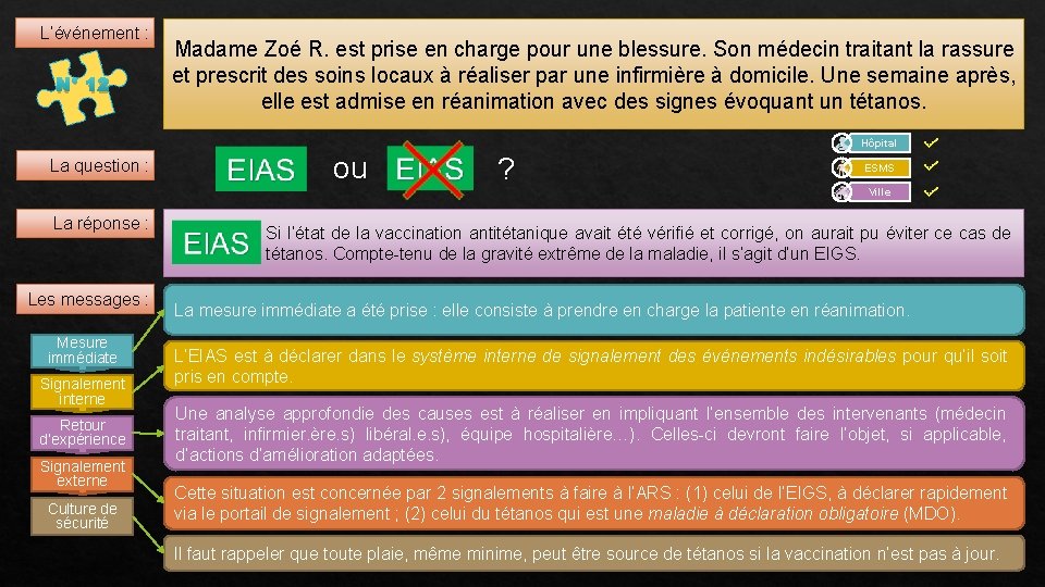 L’événement : N° 12 Madame Zoé R. est prise en charge pour une blessure.