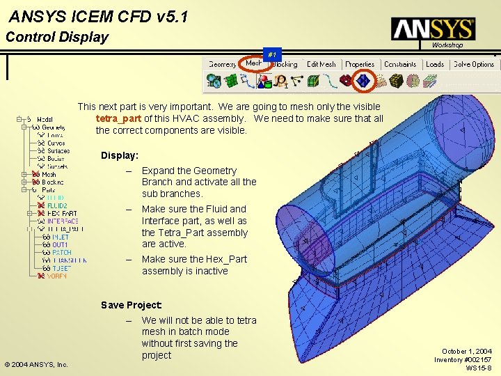 ANSYS ICEM CFD v 5. 1 Control Display Workshop #1 This next part is