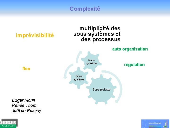 Complexité imprévisibilité multiplicité des sous systèmes et des processus auto organisation Sous système flou