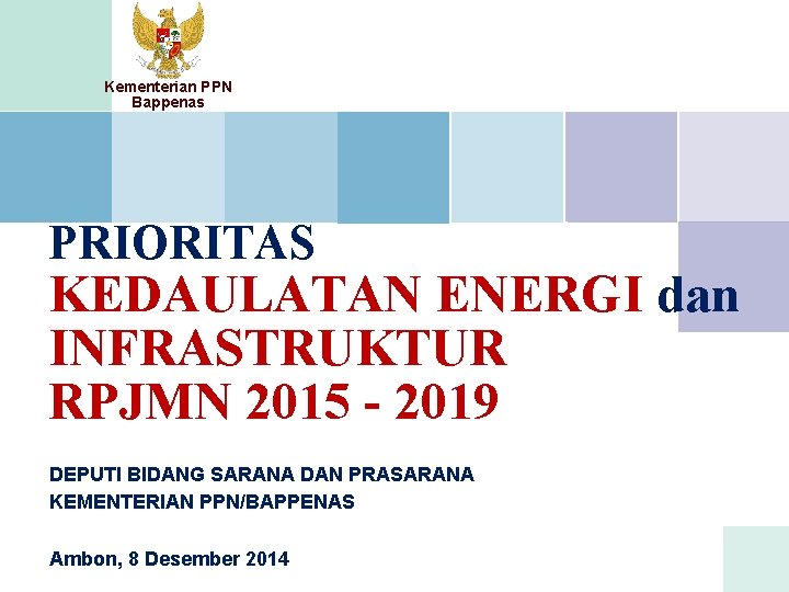 Kementerian PPN Bappenas PRIORITAS KEDAULATAN ENERGI dan INFRASTRUKTUR RPJMN 2015 - 2019 DEPUTI BIDANG