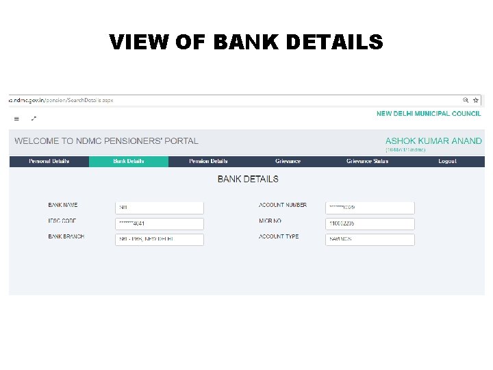 VIEW OF BANK DETAILS 