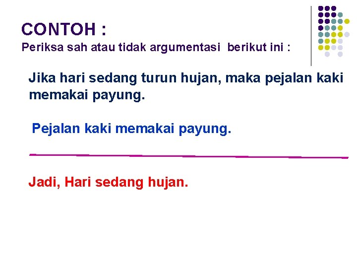 CONTOH : Periksa sah atau tidak argumentasi berikut ini : Jika hari sedang turun