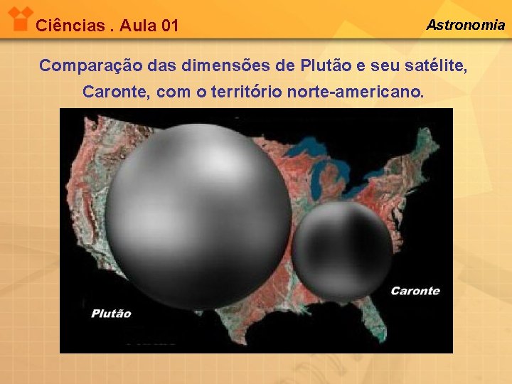 Ciências. Aula 01 Astronomia Comparação das dimensões de Plutão e seu satélite, Caronte, com