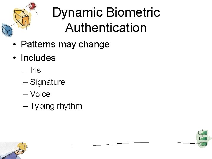 Dynamic Biometric Authentication • Patterns may change • Includes – Iris – Signature –