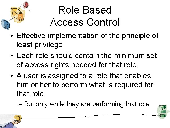 Role Based Access Control • Effective implementation of the principle of least privilege •