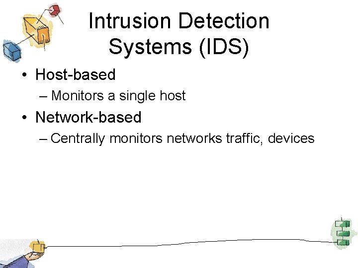 Intrusion Detection Systems (IDS) • Host-based – Monitors a single host • Network-based –