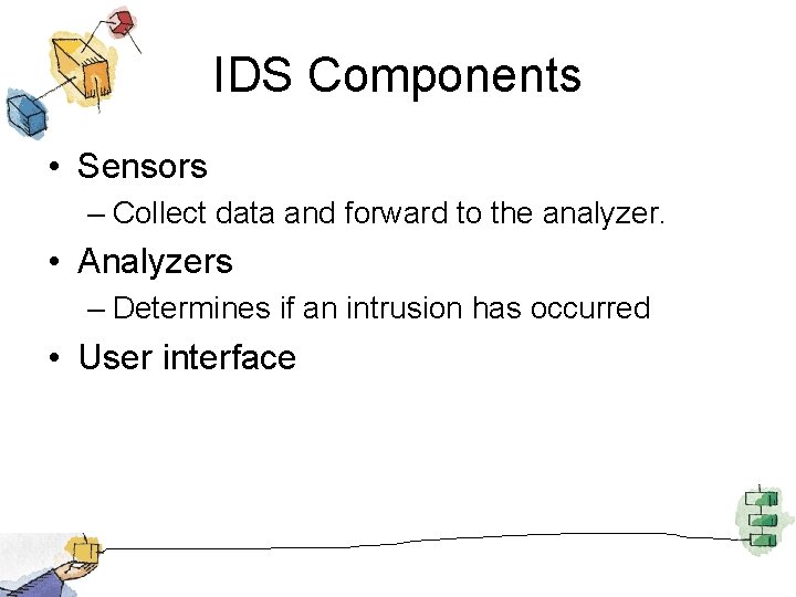 IDS Components • Sensors – Collect data and forward to the analyzer. • Analyzers