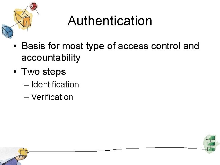 Authentication • Basis for most type of access control and accountability • Two steps