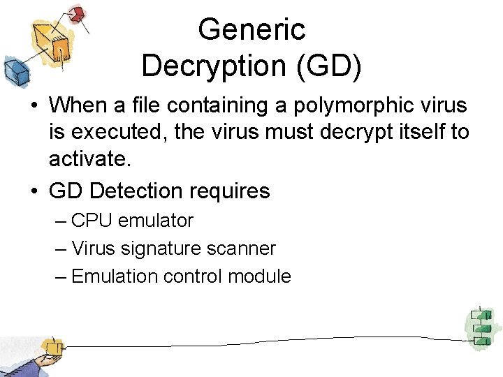 Generic Decryption (GD) • When a file containing a polymorphic virus is executed, the