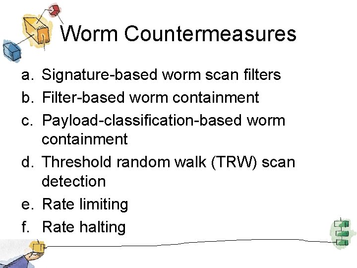 Worm Countermeasures a. Signature-based worm scan filters b. Filter-based worm containment c. Payload-classification-based worm