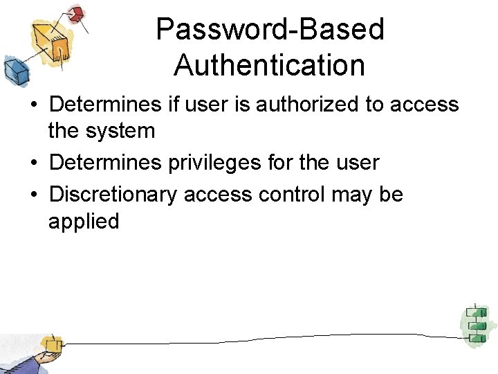 Password-Based Authentication • Determines if user is authorized to access the system • Determines