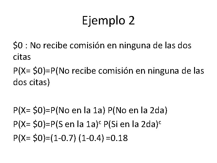 Ejemplo 2 $0 : No recibe comisión en ninguna de las dos citas P(X=
