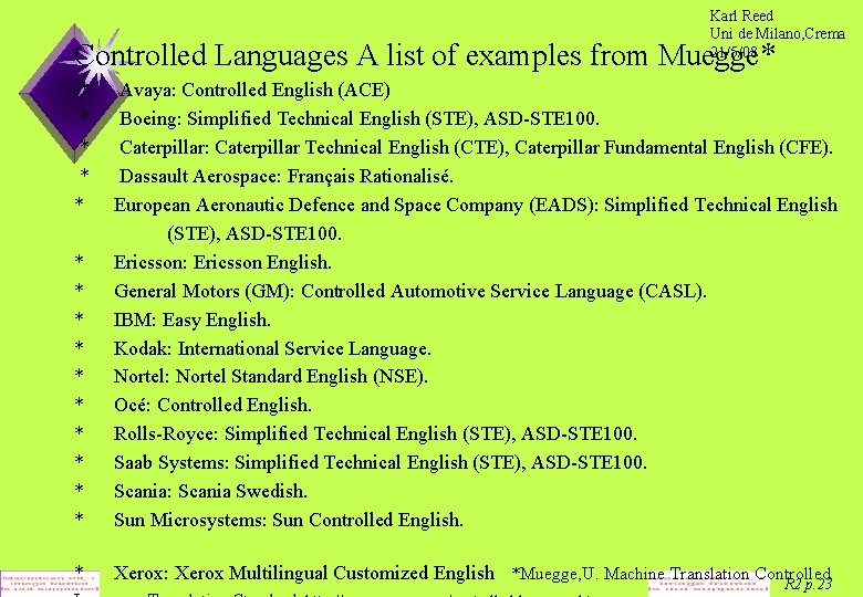 Karl Reed Uni de Milano, Crema 21/5/08 Controlled Languages A list of examples from