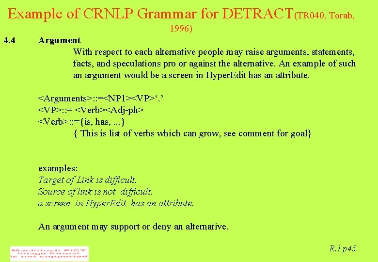 Example of CRNLP Grammar for DETRACT(TR 040, Torab, 1996) 4. 4 Argument With respect