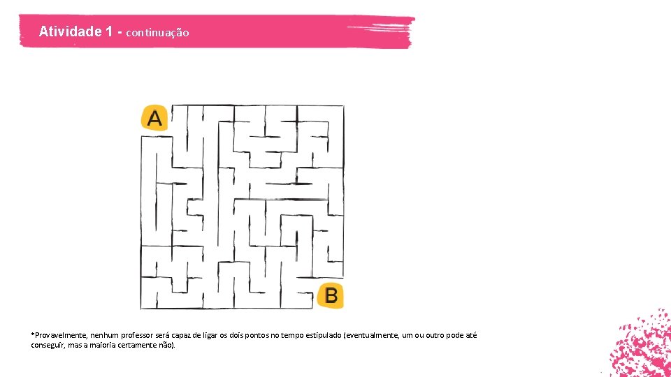 Atividade 1 - continuação *Provavelmente, nenhum professor será capaz de ligar os dois pontos Atividade 1 - continuação *Provavelmente, nenhum professor será capaz de ligar os dois pontos