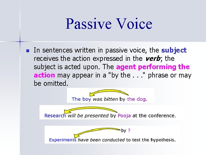 Passive Voice n In sentences written in passive voice, the subject receives the action