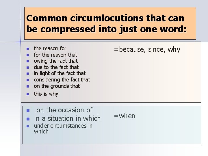 Common circumlocutions that can be compressed into just one word: n the reason for