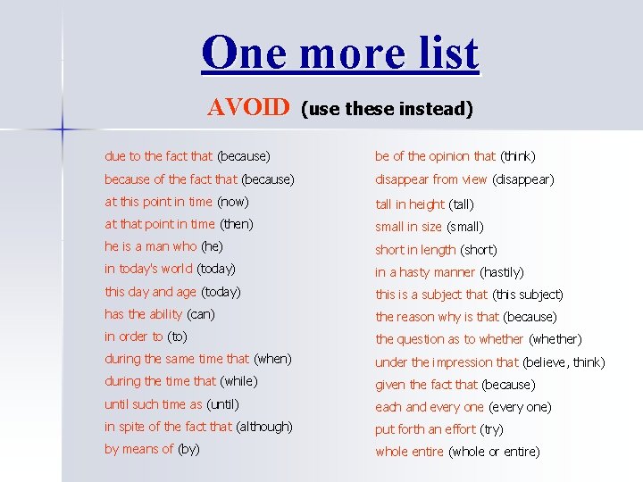 One more list AVOID (use these instead) due to the fact that (because) be