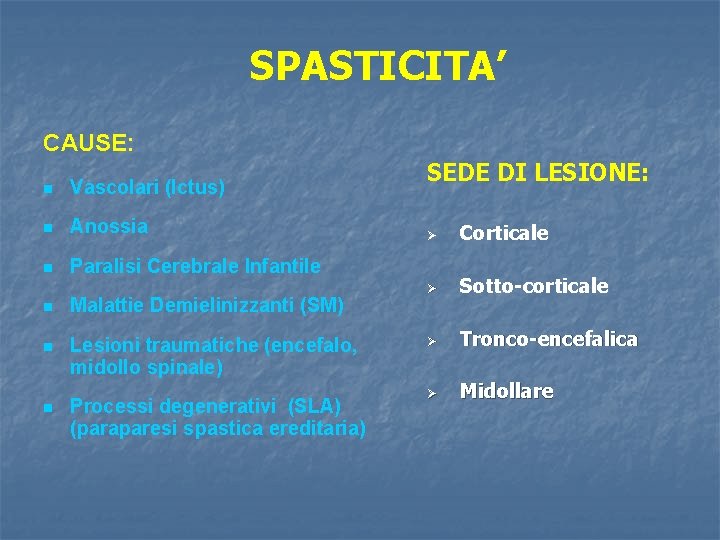 SPASTICITA’ CAUSE: n Vascolari (Ictus) n Anossia n Paralisi Cerebrale Infantile n Malattie Demielinizzanti