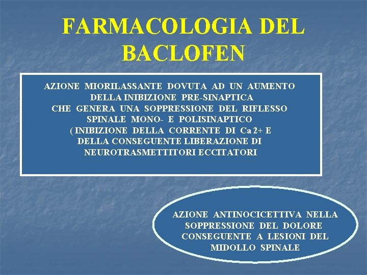 FARMACOLOGIA DEL BACLOFEN AZIONE MIORILASSANTE DOVUTA AD UN AUMENTO DELLA INIBIZIONE PRE-SINAPTICA CHE GENERA