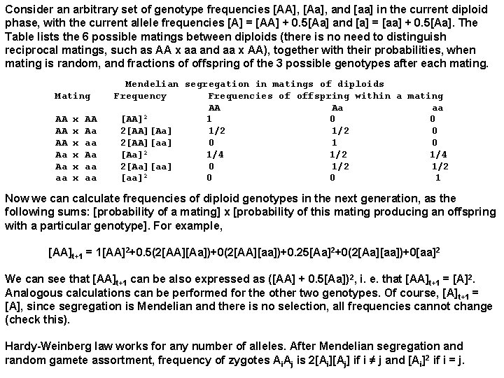Consider an arbitrary set of genotype frequencies [AA], [Aa], and [aa] in the current