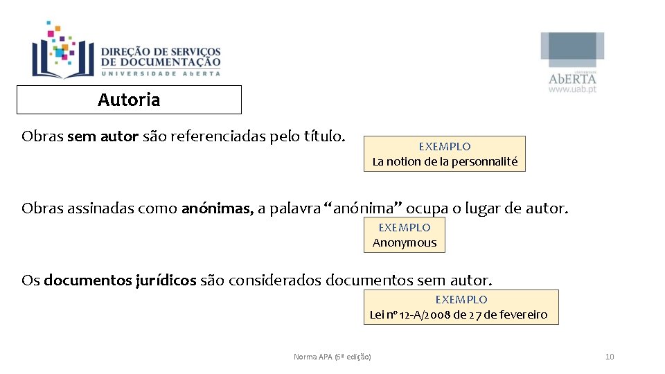 Autoria Obras sem autor são referenciadas pelo título. EXEMPLO La notion de la personnalité