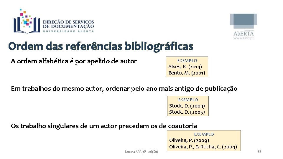 Ordem das referências bibliográficas A ordem alfabética é por apelido de autor EXEMPLO Alves,