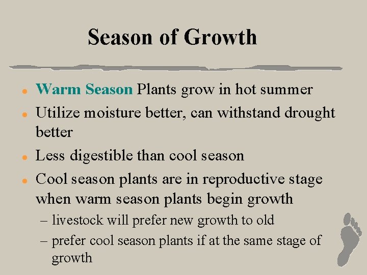 Season of Growth l l Warm Season Plants grow in hot summer Utilize moisture