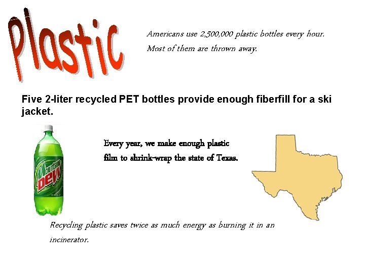 Americans use 2, 500, 000 plastic bottles every hour. Most of them are thrown