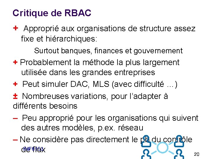 Critique de RBAC + Approprié aux organisations de structure assez fixe et hiérarchiques: Surtout Critique de RBAC + Approprié aux organisations de structure assez fixe et hiérarchiques: Surtout