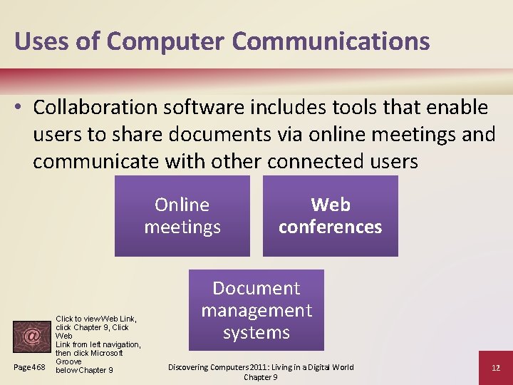 Uses of Computer Communications • Collaboration software includes tools that enable users to share