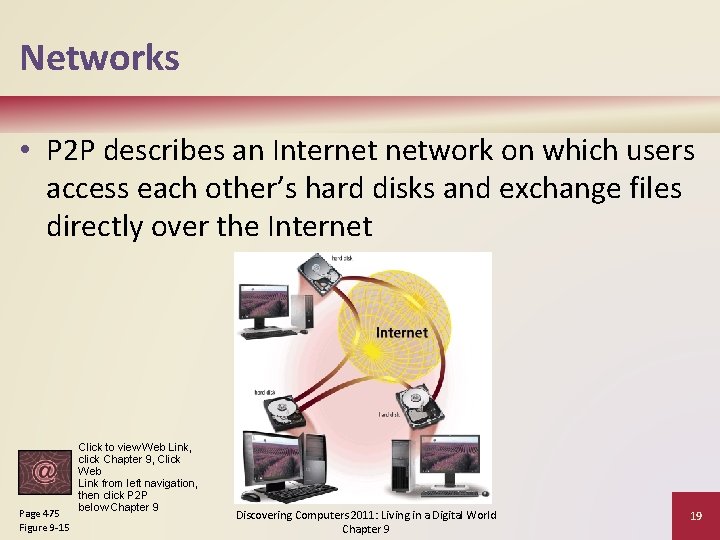 Networks • P 2 P describes an Internet network on which users access each