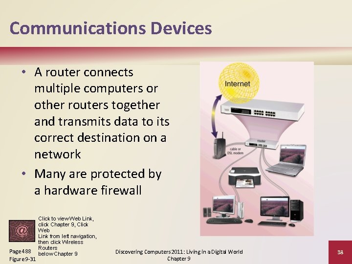 Communications Devices • A router connects multiple computers or other routers together and transmits