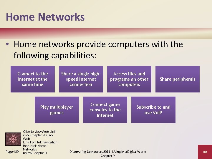 Home Networks • Home networks provide computers with the following capabilities: Connect to the