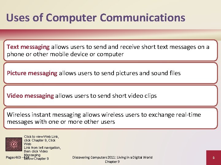 Uses of Computer Communications Text messaging allows users to send and receive short text