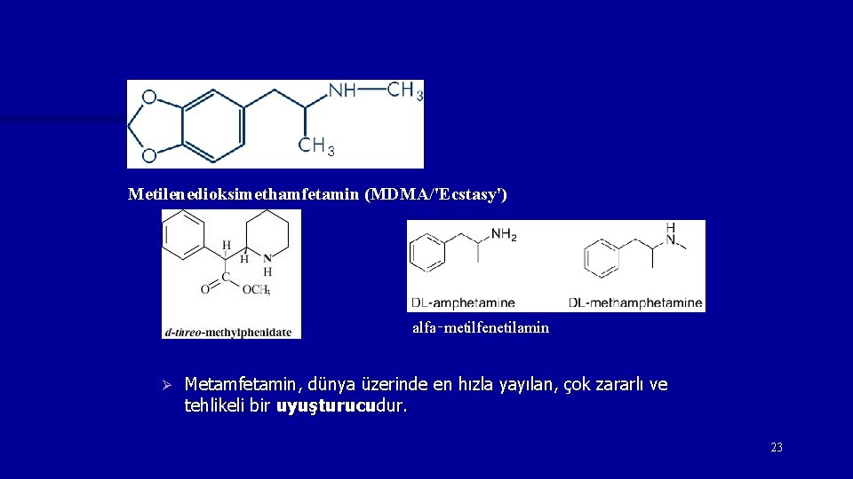 Metilenedioksimethamfetamin (MDMA/'Ecstasy') alfa‑metilfenetilamin Ø Metamfetamin, dünya üzerinde en hızla yayılan, çok zararlı ve tehlikeli